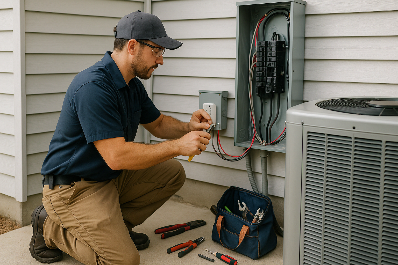 Editorial illustration depicting electrical upgrade heat pump installation hot climate